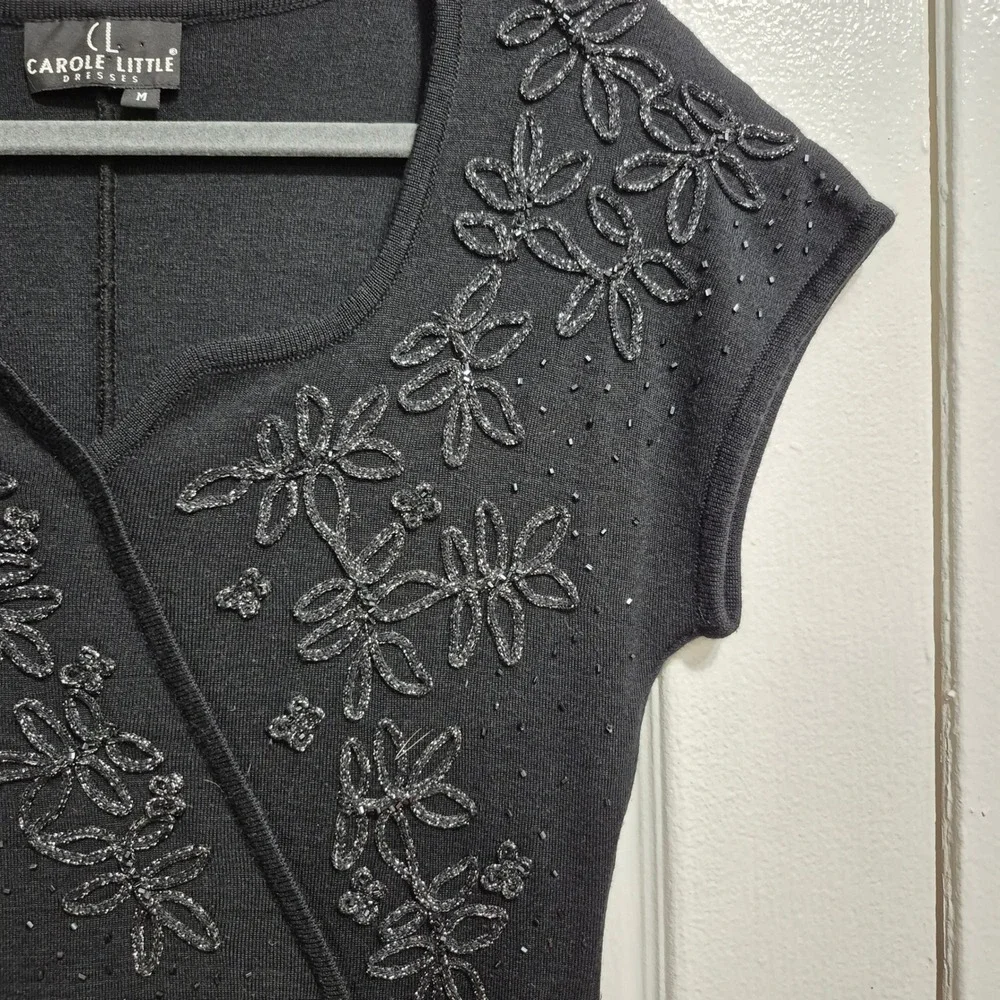 Carole Little Dresses Black Beaded Floral Knit Midi Dress Short Sleeve Womens M